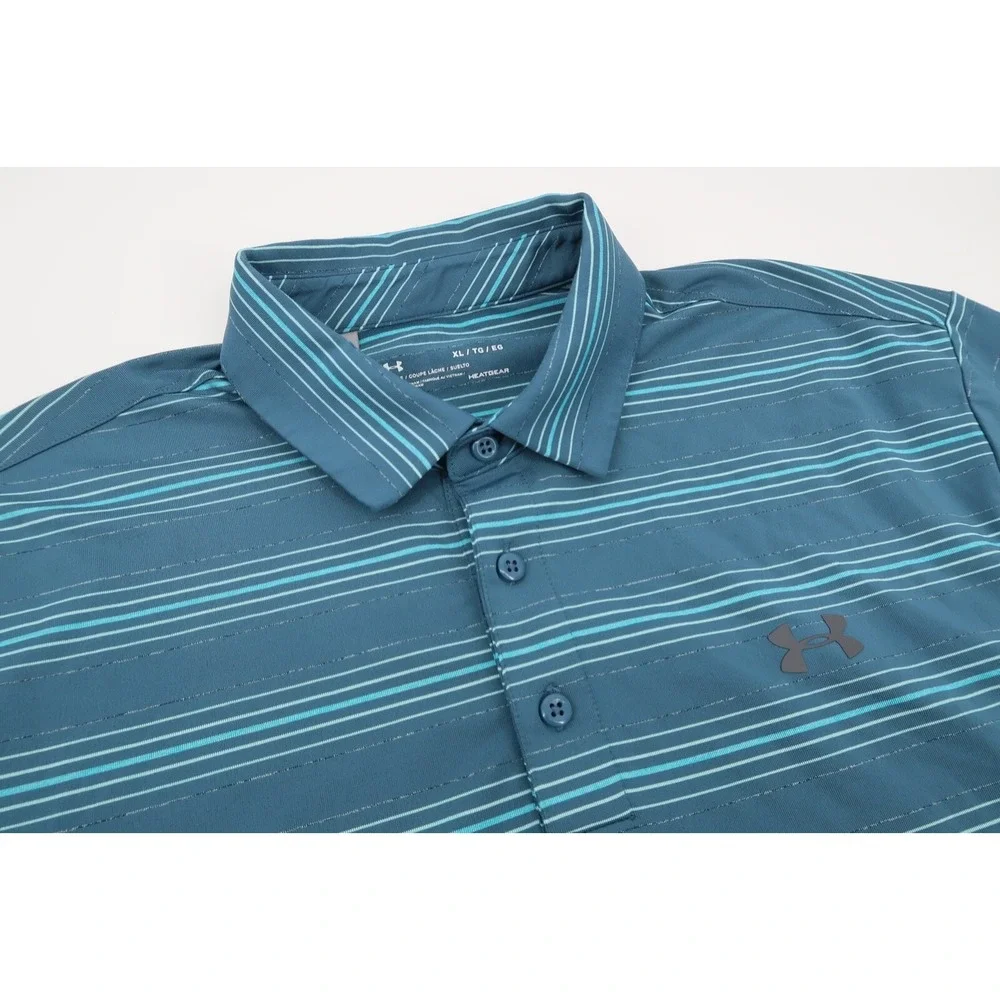 Under Armour Mens XL Blue Striped Golf Performance Loose Heatgear Polo Shirt‎